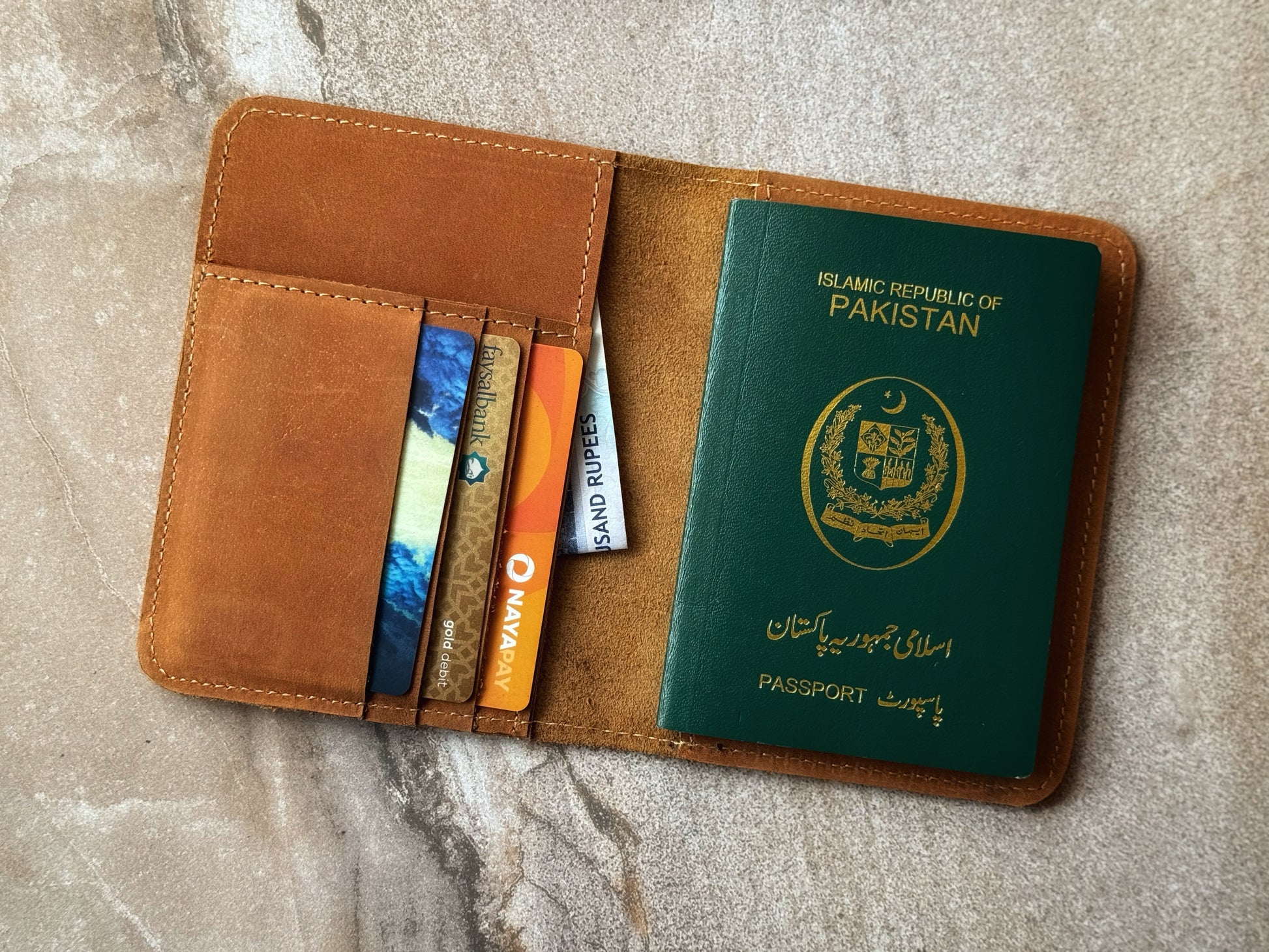 Camel Brown Leather Passport Wallet