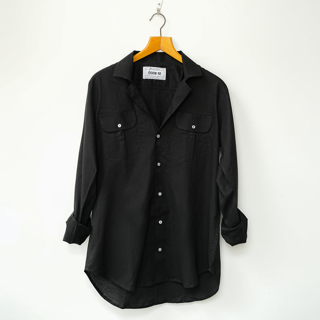 Black Double Pocket Linen Shirt