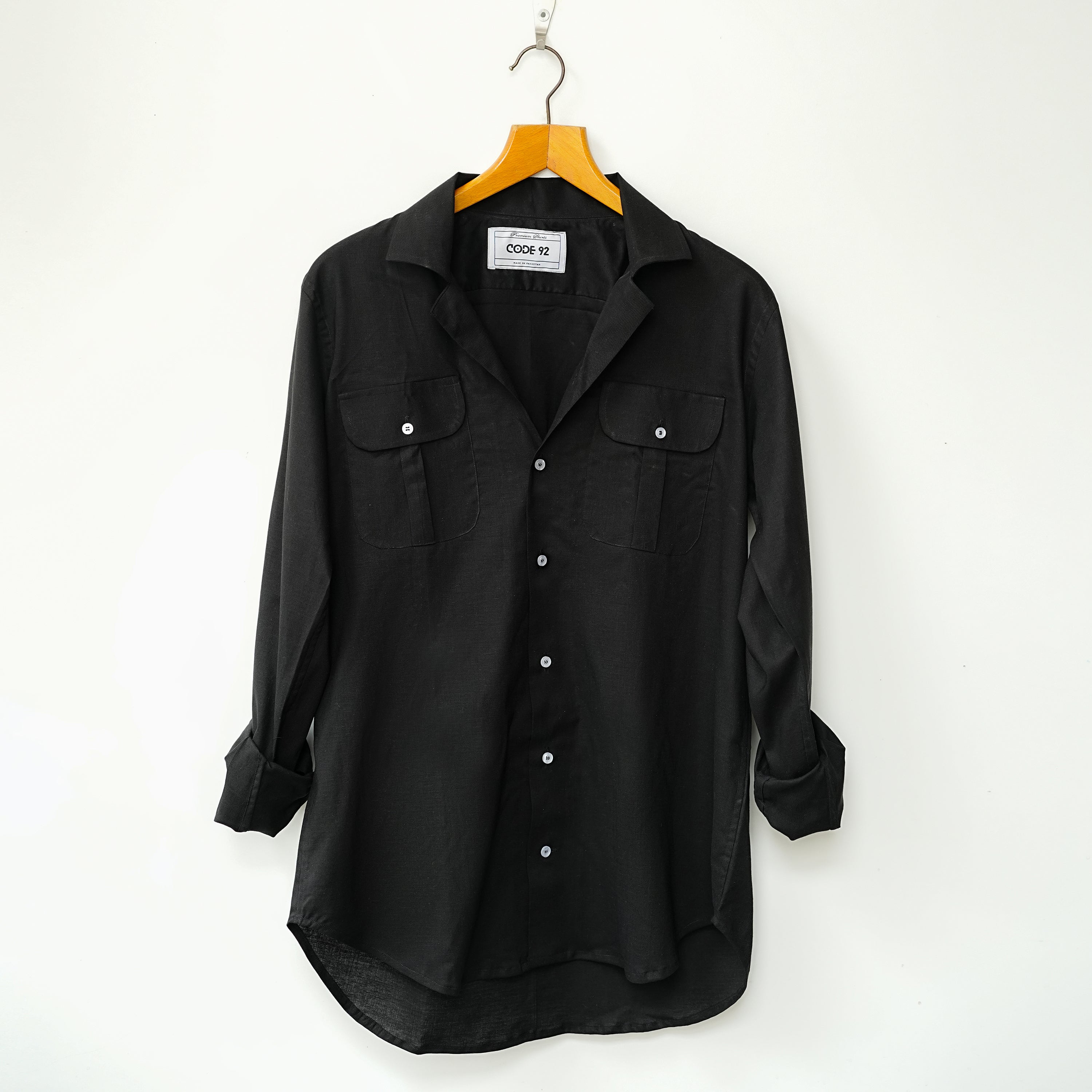 Black Double Pocket Linen Shirt