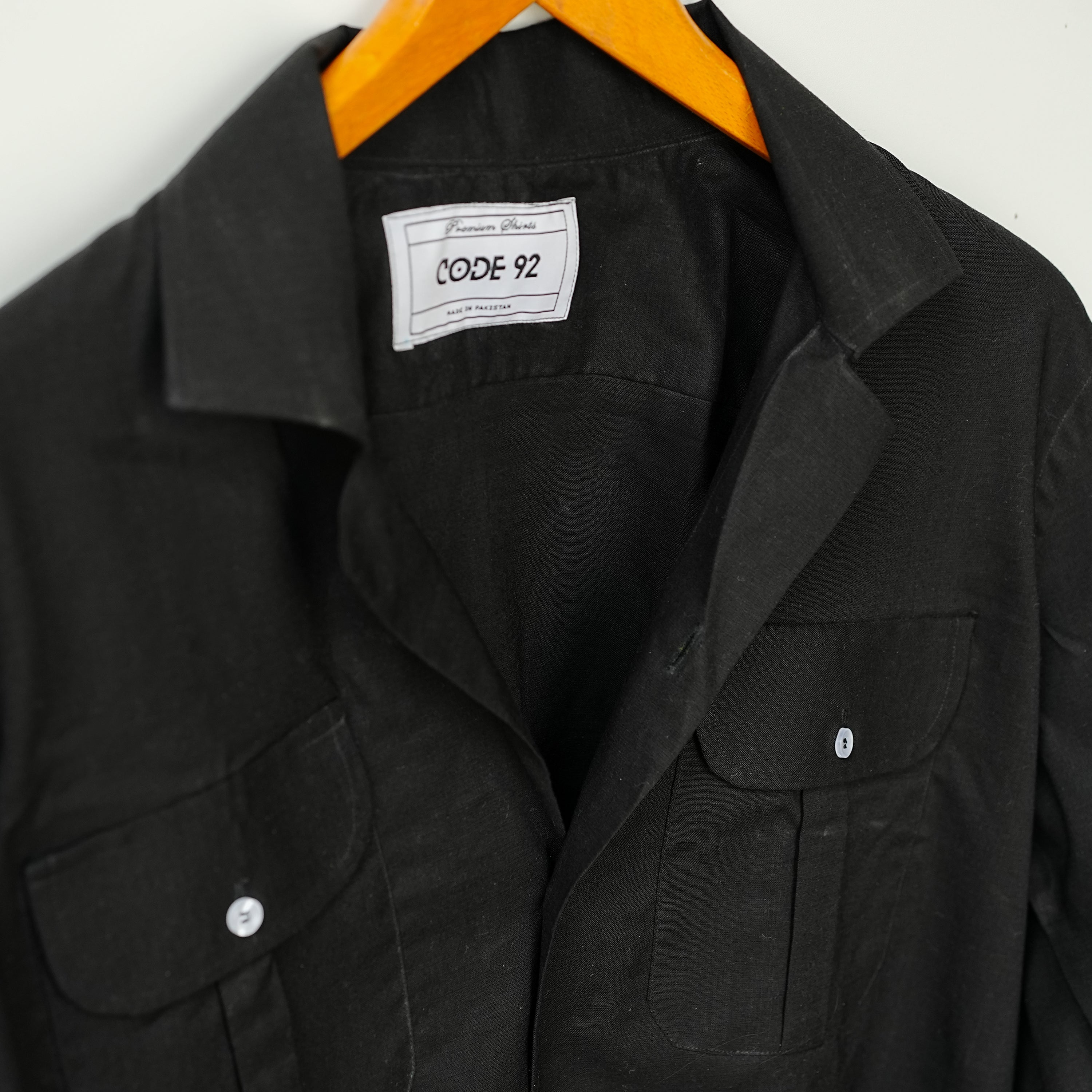Black Double Pocket Linen Shirt