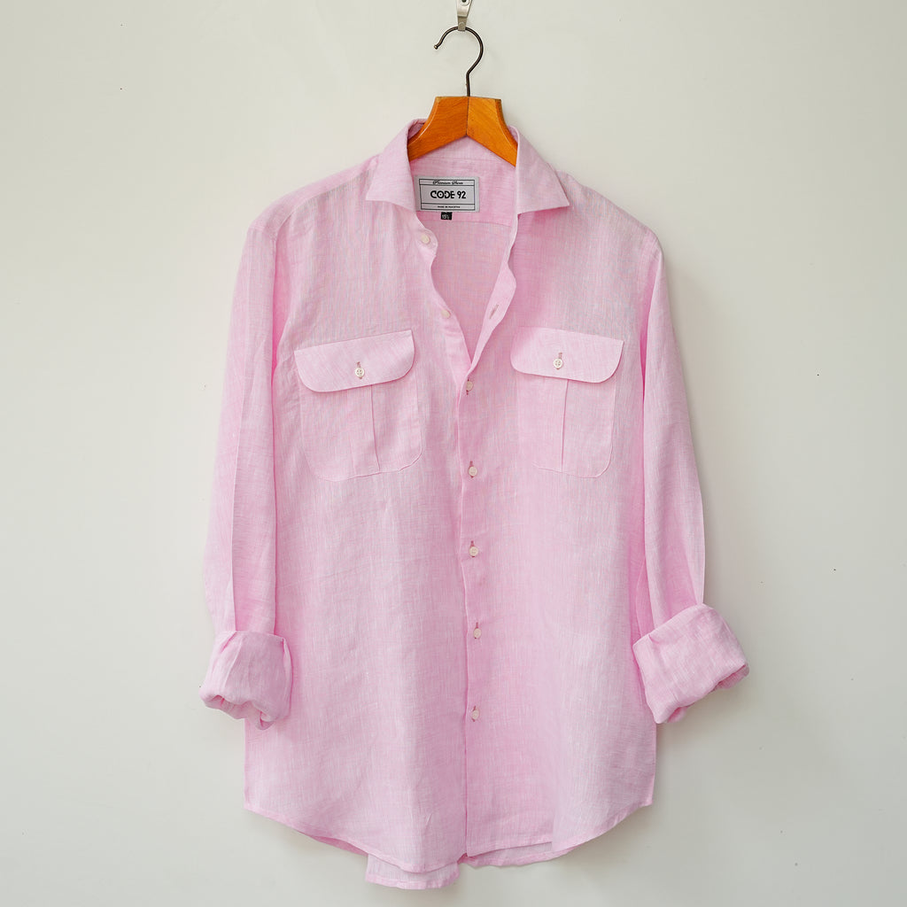Powder Pink Double Pocket Linen Shirt