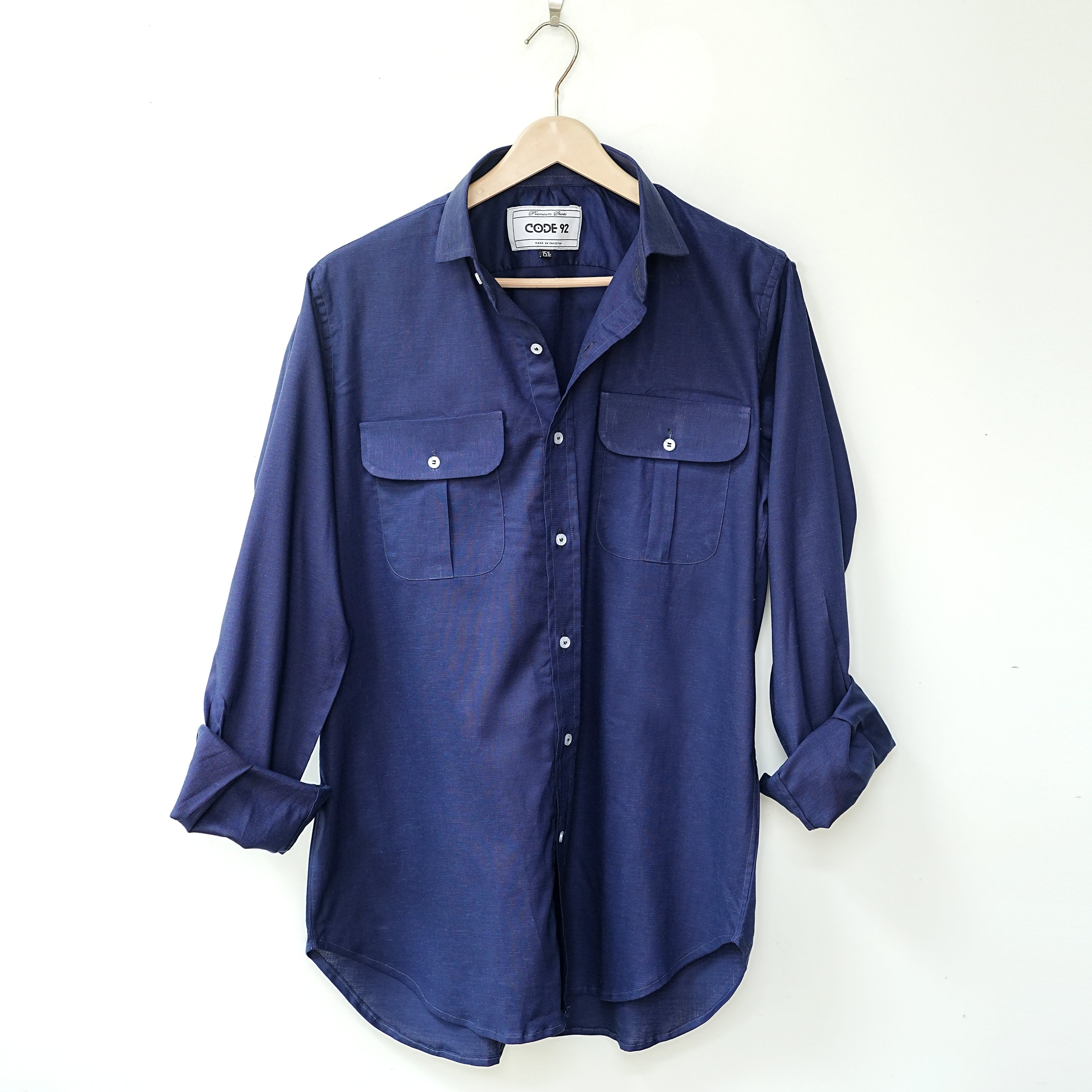 Navy Blue Double Pocket Linen Shirt
