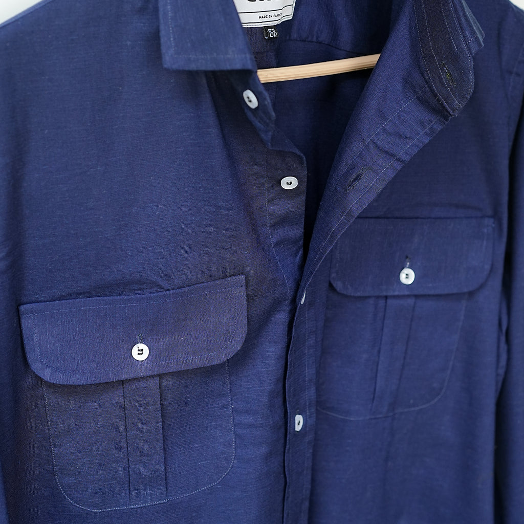 Navy Blue Double Pocket Linen Shirt