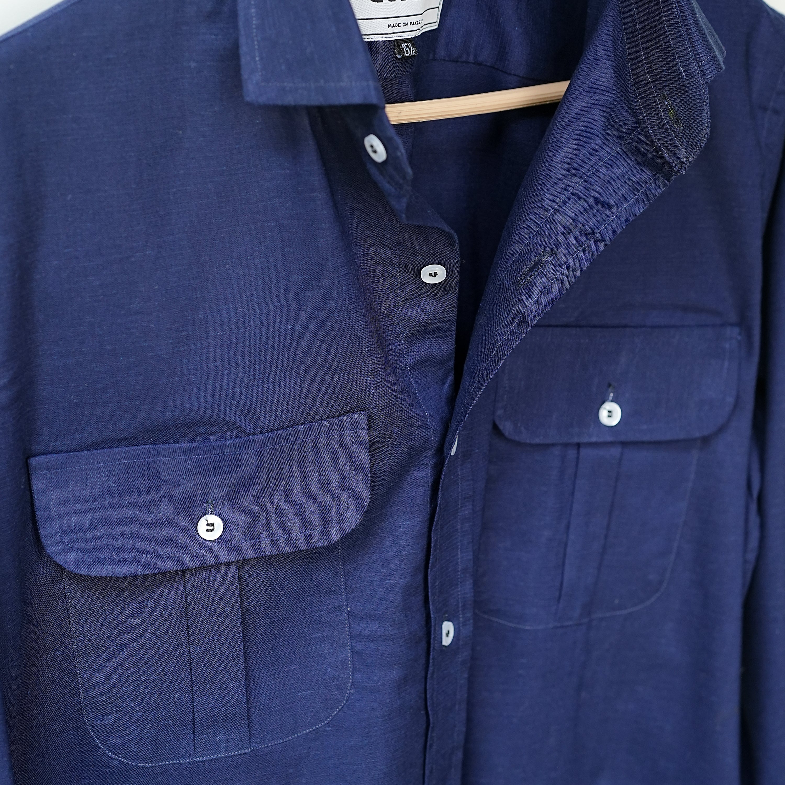 Navy Blue Double Pocket Linen Shirt