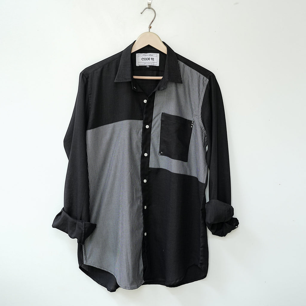 Black Cotton Linen Front Panel Shirt