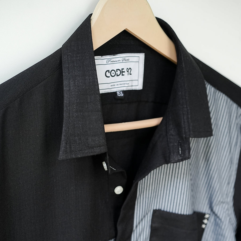 Black Cotton Linen Front Panel Shirt