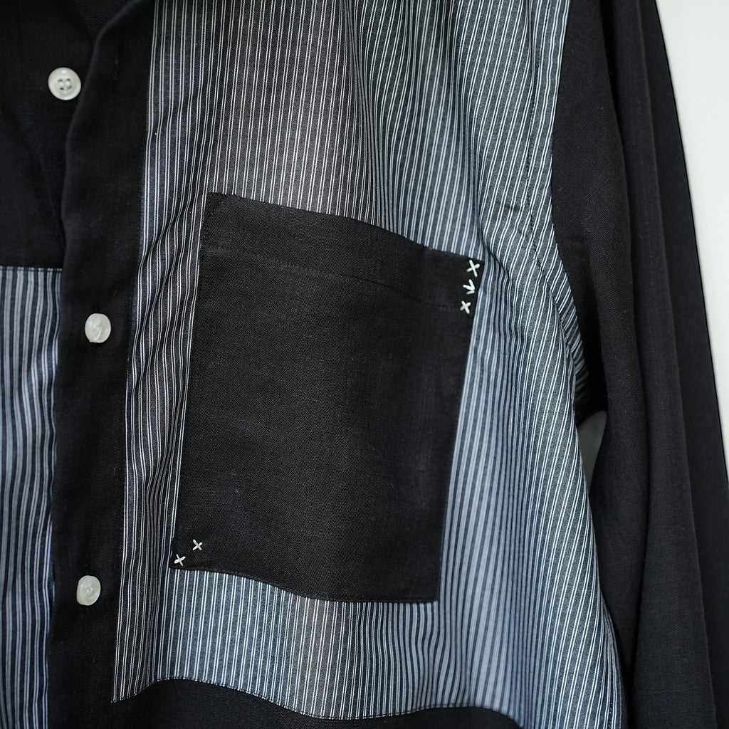 Black Cotton Linen Front Panel Shirt