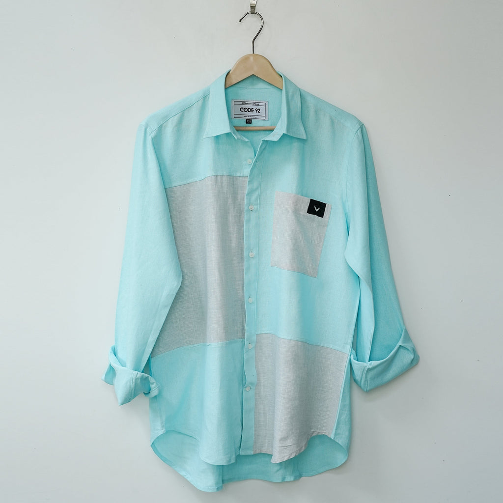 Aqua Cotton Linen Front Panel Shirt