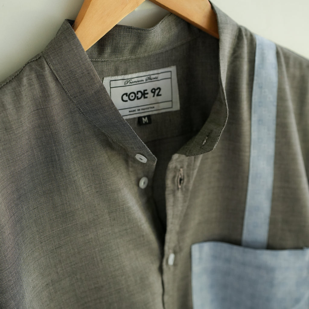 Grey Cotton Pin Dot Pocket Shirt
