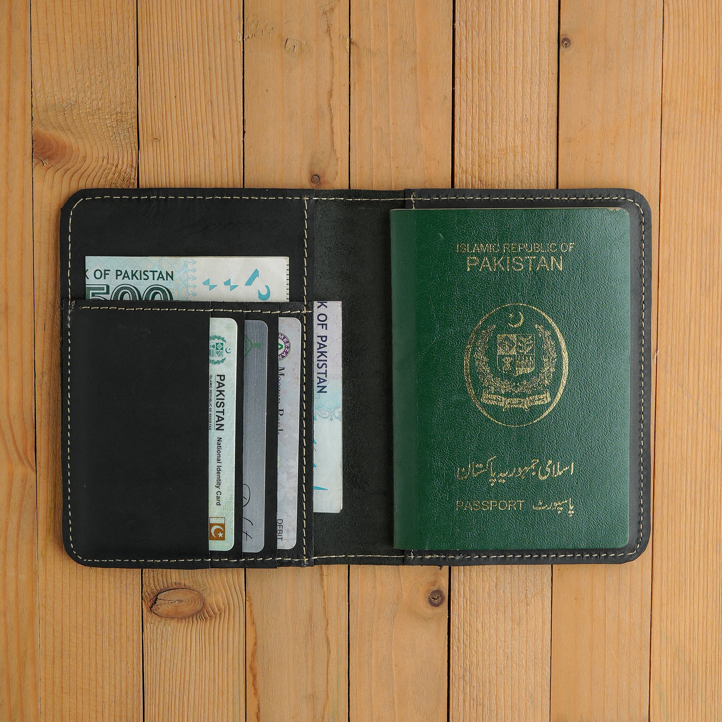 Black Leather Passport Wallet