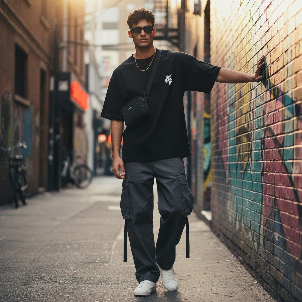 CODE92 black oversized organic cotton t-shirt with dragon logo worn by a man in an urban alleyway