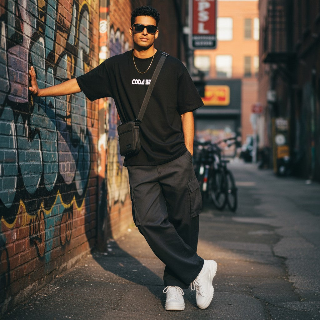 Man wearing a black CODE92 oversized organic cotton t-shirt with cargo pants and white sneakers in an urban alleyway.