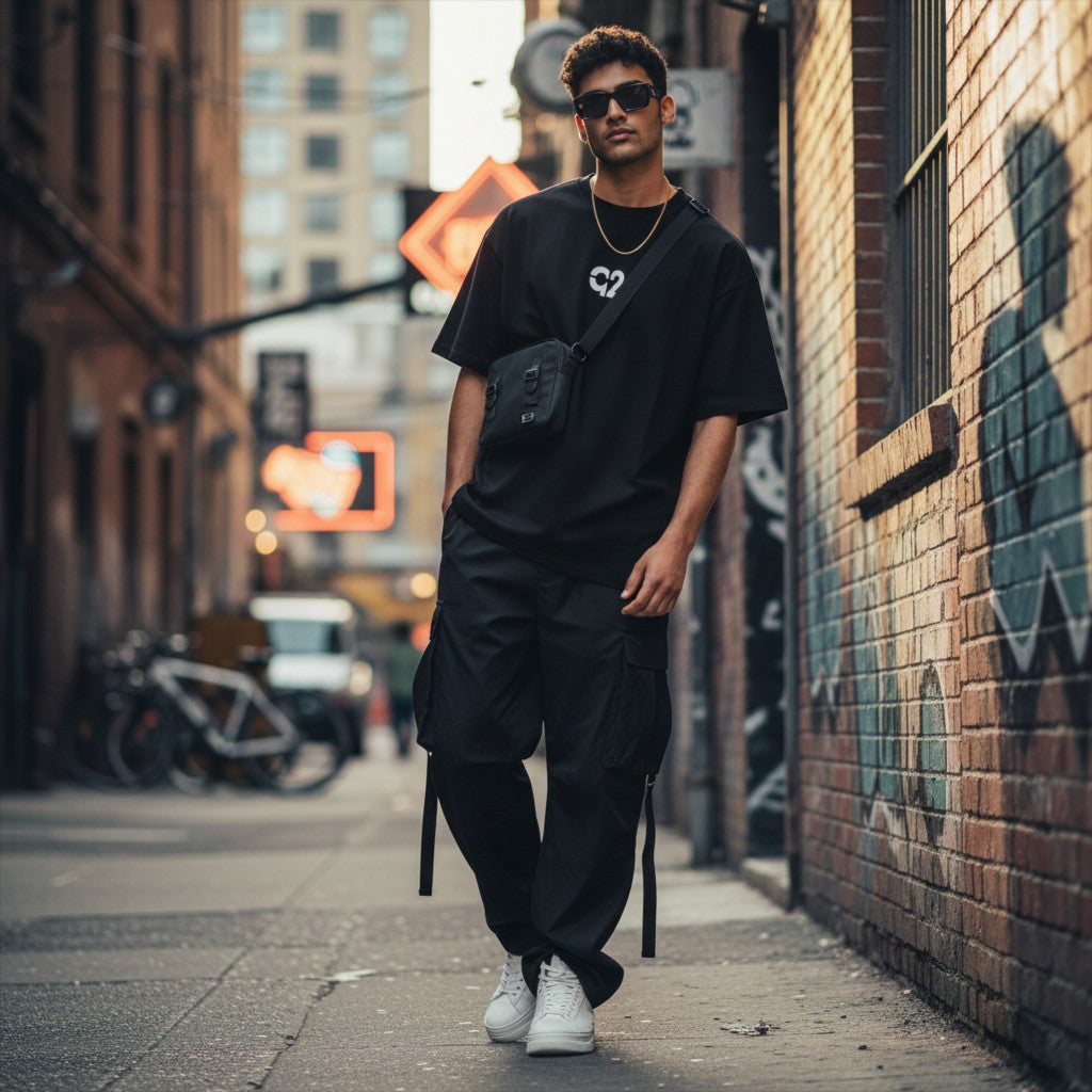 CODE92 black organic cotton oversized t-shirt worn by a man with a crossbody bag in an urban street setting