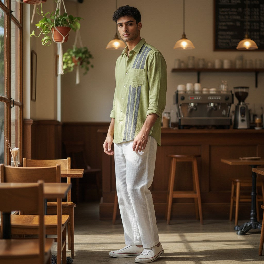 CODE92 lime green cotton linen shirt with front panel detail worn by a man in a cafe with white trousers