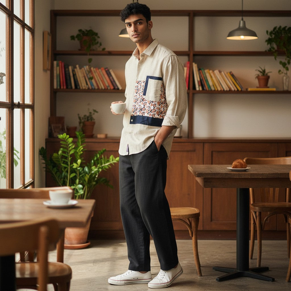 CODE92 beige linen-cotton shirt with a patterned front panel worn by a man in a cafe setting.