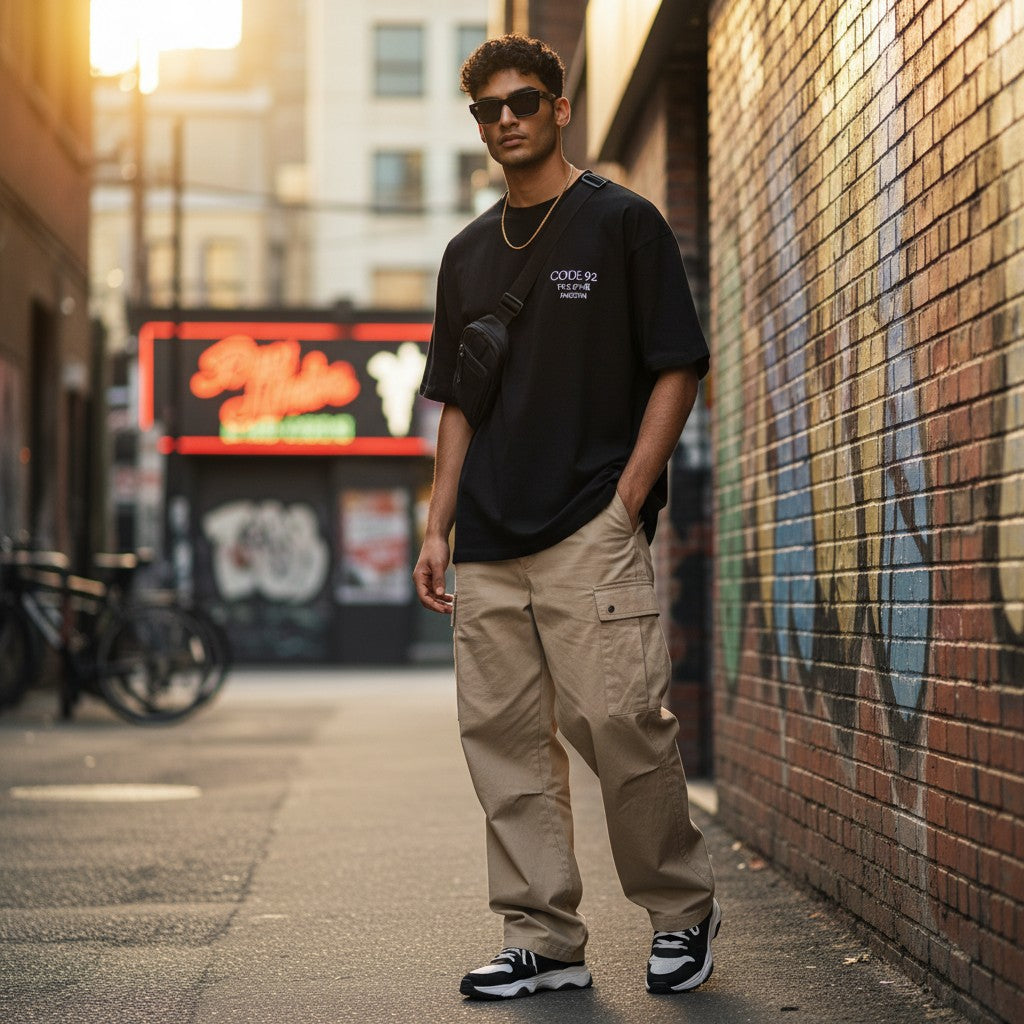 CODE92 oversized black organic cotton t-shirt worn by a man in an urban alleyway with beige cargo pants