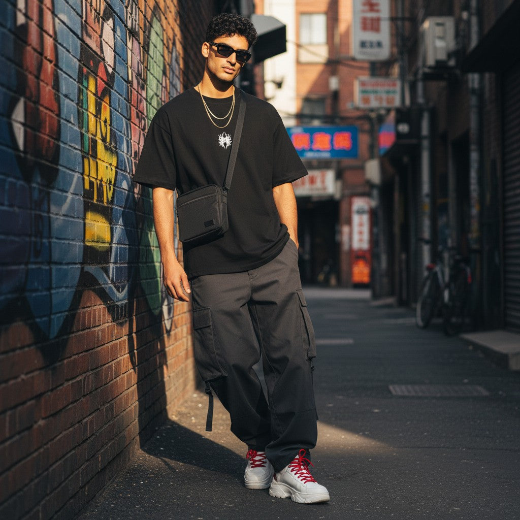 CODE92 oversized black organic cotton t-shirt with spider graphic worn by a man in an urban alleyway