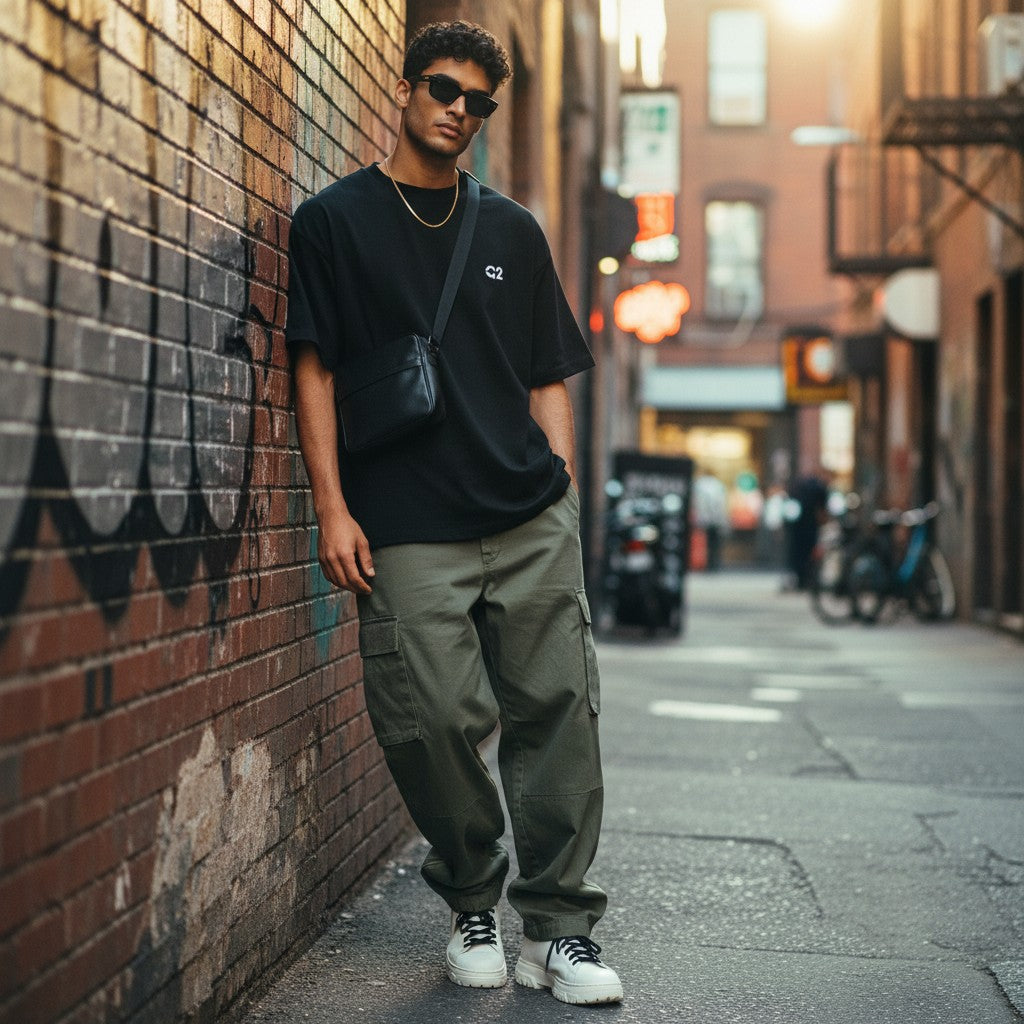 CODE92 oversized black organic cotton t-shirt worn by a man in an urban alleyway with olive cargo pants.