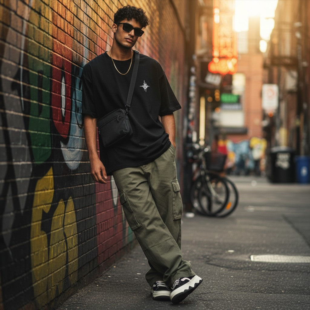 CODE92 oversized black organic cotton t-shirt with Power Star graphic worn by a man leaning against a graffiti wall