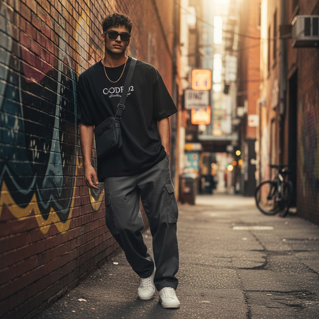 Man wearing a black CODE92 oversized organic cotton t-shirt and grey cargo pants in a graffiti-covered alleyway.