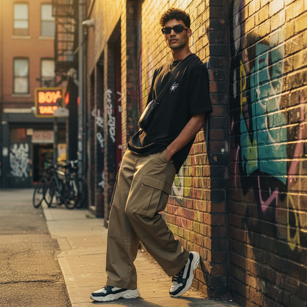 CODE92 oversized black organic cotton t-shirt with spider graphic worn by a man in cargo pants in an urban alley
