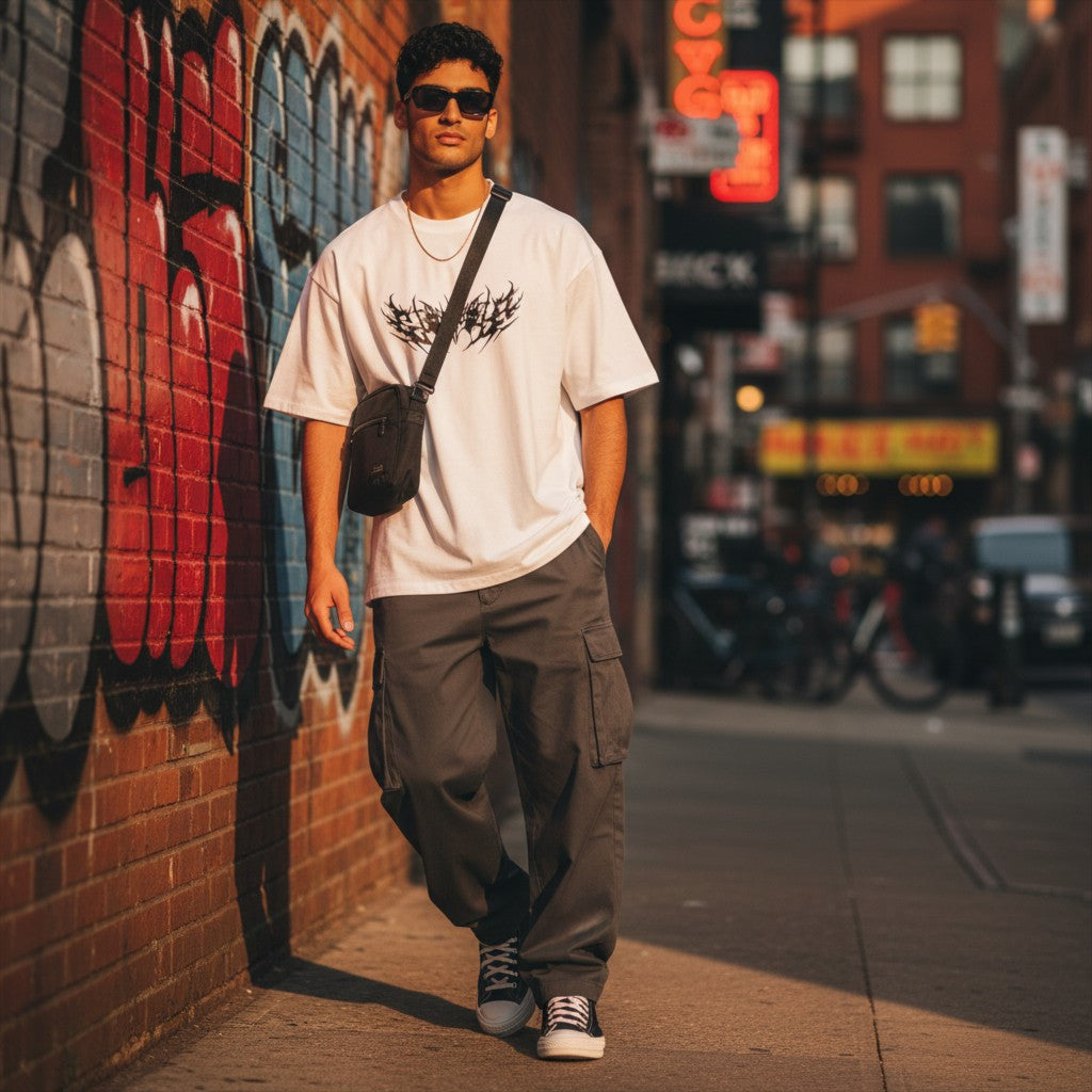 CODE92 oversized white organic cotton t-shirt with graphic print worn by a man in cargo pants on a city street