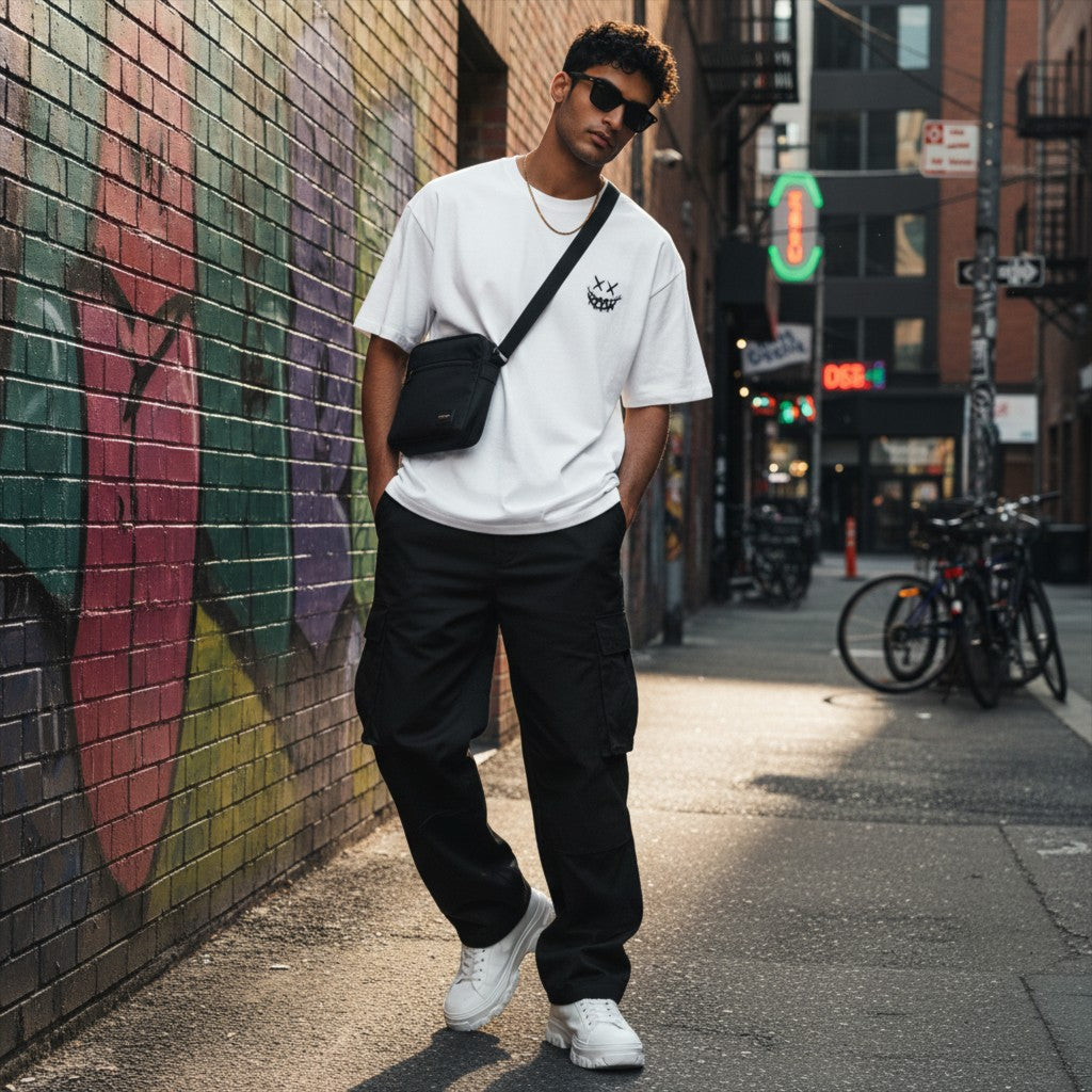CODE92 oversized white organic cotton t-shirt with smile graphic worn by a man in an urban alleyway
