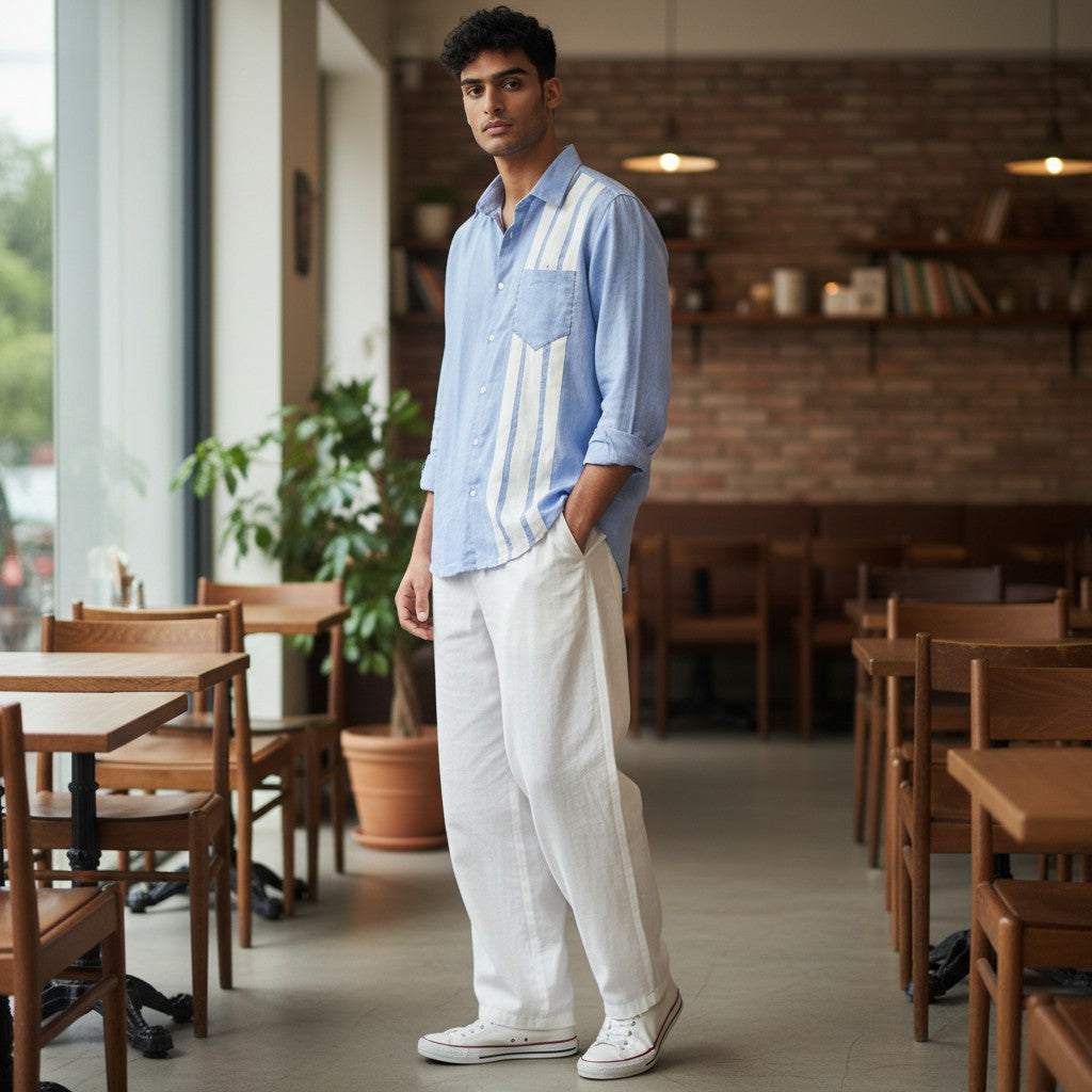 CODE92 sky blue linen shirt with white front panel detail worn by a man in a cafe setting with white trousers