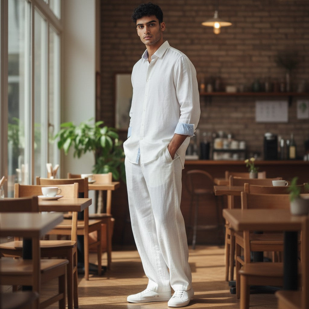 CODE92 white linen shirt with blue cuffs and soft collar worn by a man in a cafe setting