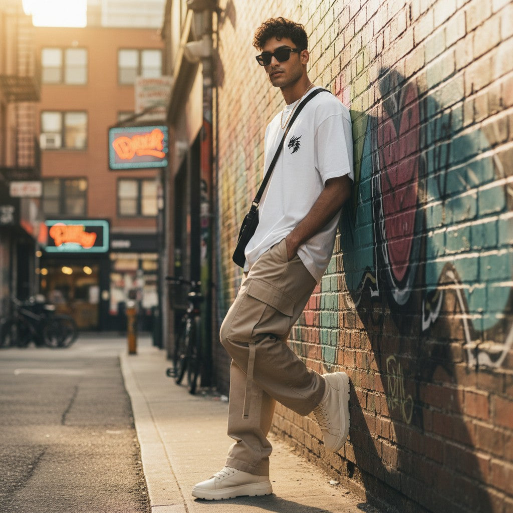 CODE92 white oversized organic cotton t-shirt with dragon graphic worn by a man leaning against a graffiti brick wall