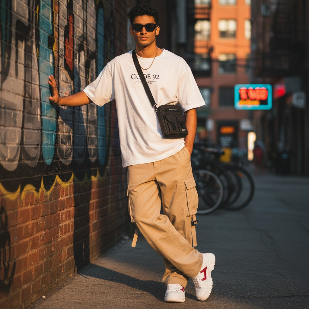 A man wearing a CODE92 white oversized organic cotton t-shirt with khaki cargo pants and a black crossbody bag.